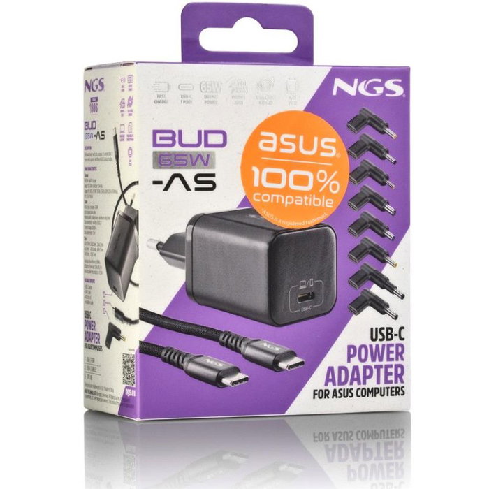 CARGADOR PARED GaN + CABLE 1.5 M USB-C + 8 CLAVIJAS ASUS 65W NEGRO NGS